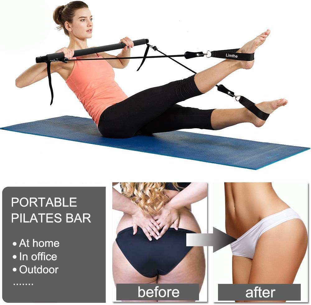 Limthe Pilates Bar Kit with Resistance Bands(30&50lbs), Adjustable for Different Height, Compact&Protable 3-Section Exercise Sticks, Stretching Exercise Bar for Home Workout-Yoga, Muscle Toning(Black) : Sports & Outdoors