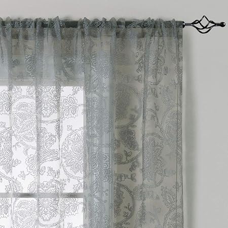 Paisley Scroll Grey Sheer Curtains Living Room Darpes Medallion