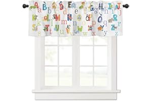 VANDARLLIN Valance Curtains for Kitchen Window, Cute Animals Alphabet for Kids Rod Pocket Valances Window Treatments Colorful Printed Short Curtains for Bedroom/Living Room,54" X 18" -1 Panel,