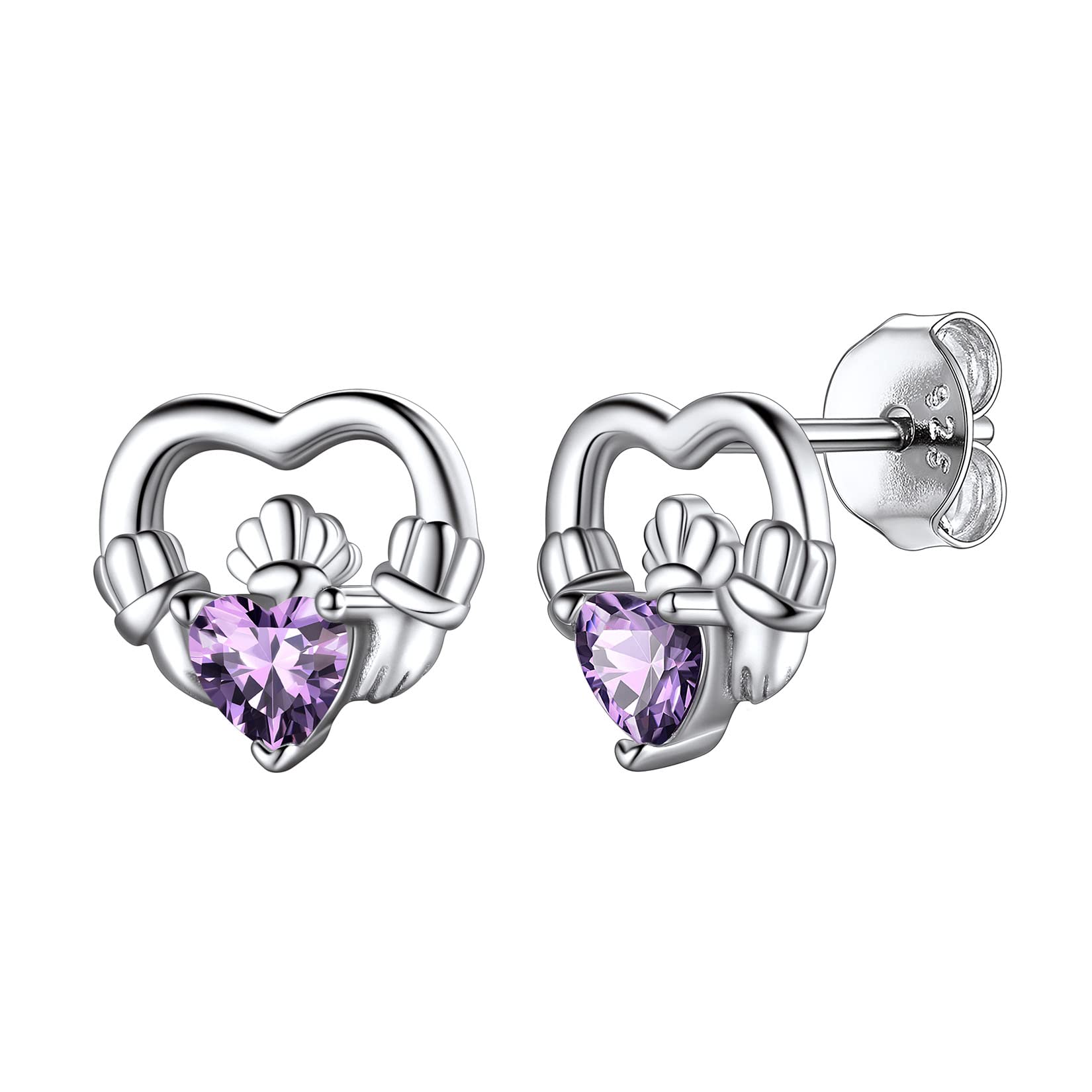 Hypoallergenic 925 Sterling Silver Claddagh Celtic Knot February Birthstone Pink Earrings, Birth Stone Jewelry Dainty Cute Stud Heart Shaped Hoop Earrings for Women Teen Girls