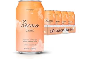 DRINK RECESS INC. Recess Mood Magnesium Supplement Drink Calming Beverage, 12 Ounce, Pack of 12 (Peach Ginger, 12 Pack)