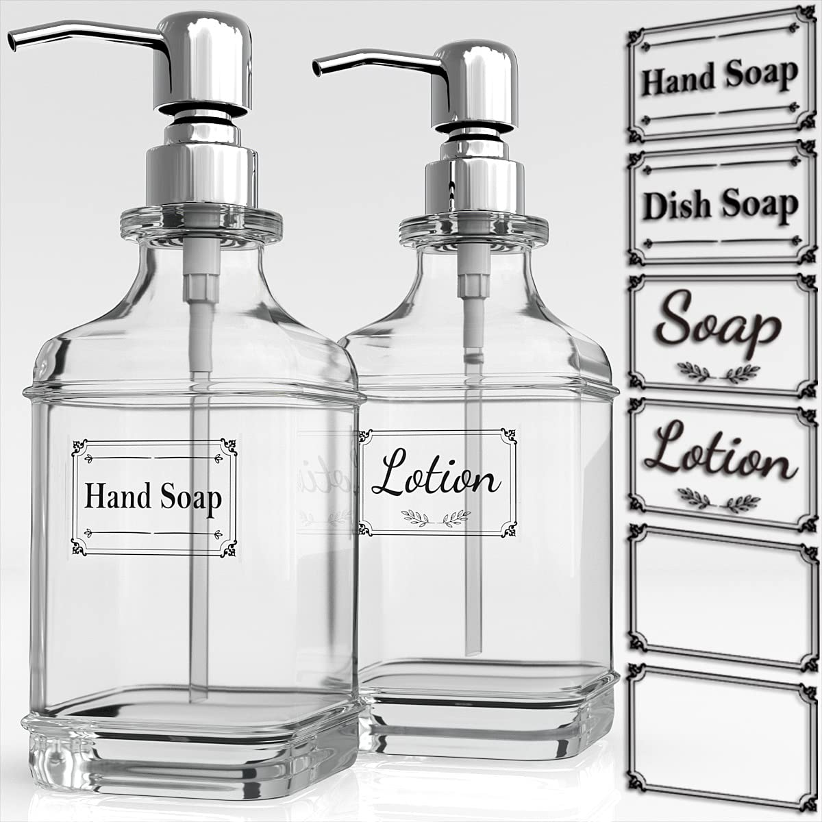 Photo 1 of GLADPURE Soap Dispenser - 2 Pack, 18 Oz Antique Design Thick Glass Hand Soap Dispensers; with 304 Rust Proof Stainless Steel Pump, 6Pcs Clear Stickers, for Kitchen, Bathroom - Silver