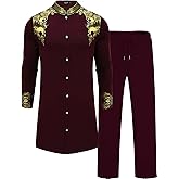 ZSJR Mens Long African 2 Piece Set Nigerian Dashiki Metallic Traditional Suit Gold Stamp Printed Shirt and Pants Outfit