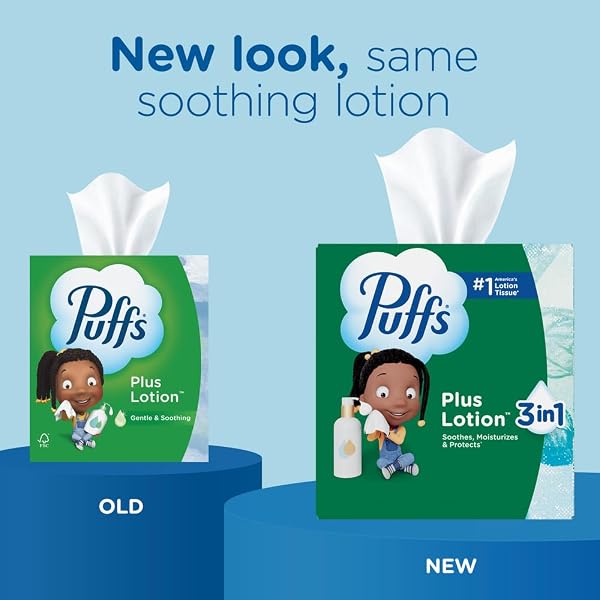 PUFFS FACIAL TISSUES PLUS LOTION, 8 FAMILY RECTANGLE BOXES, 124 FACIAL TISSUES PER BOX, ALLERGIES AND COLDS (PACKAGING MAY VARY)