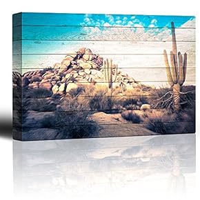 Painted Desert Scene on Wood Grain Background Rustic...