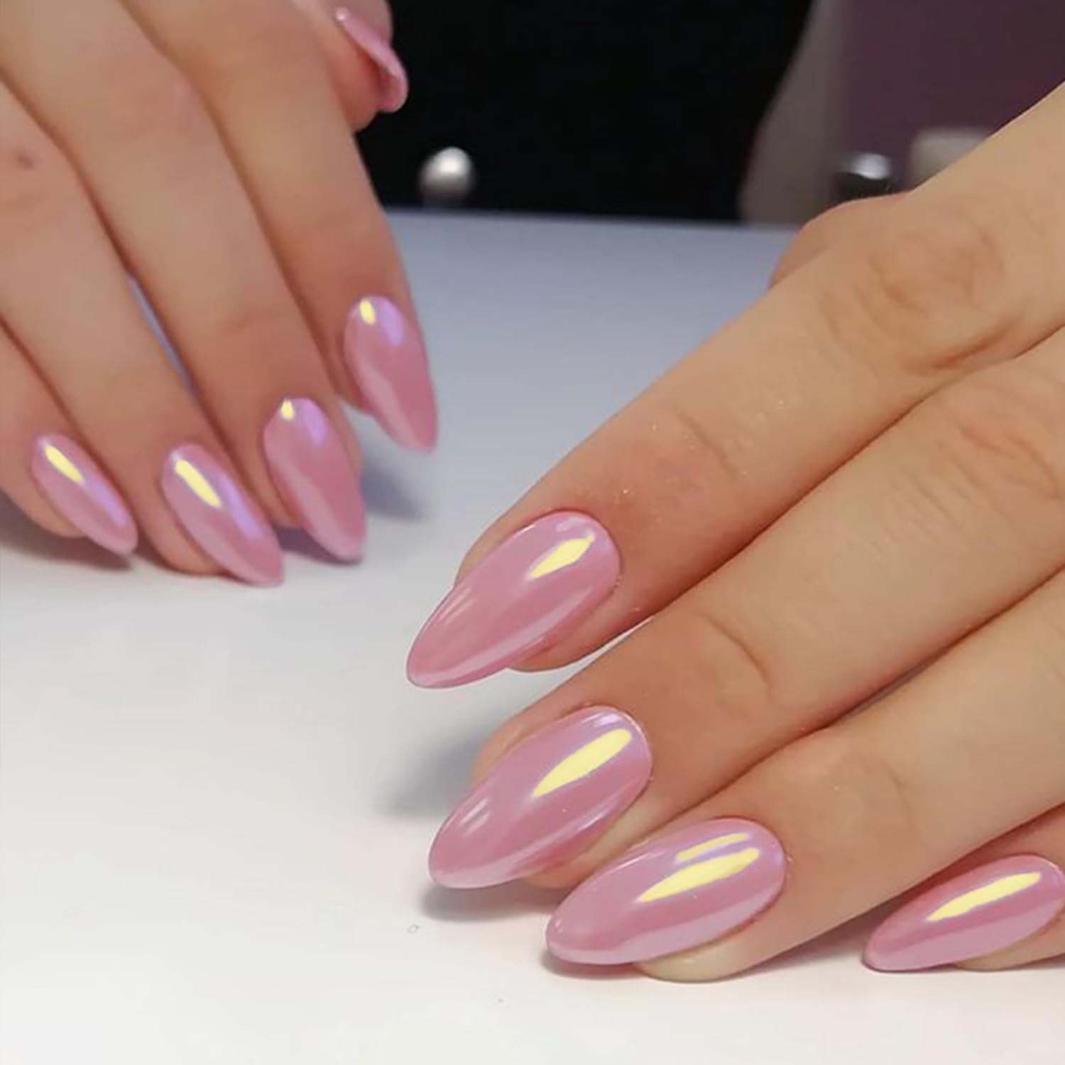 Photo 1 of GLAMERMAID Light Rose Pink Chrome Press On Nails Short Almond, Donut Glazed Handmade Soft Jelly Gel Fake Nails, Mirror Round Oval Stick Glue on Nails Kit for Women, Reusable Acrylic False Nail Set