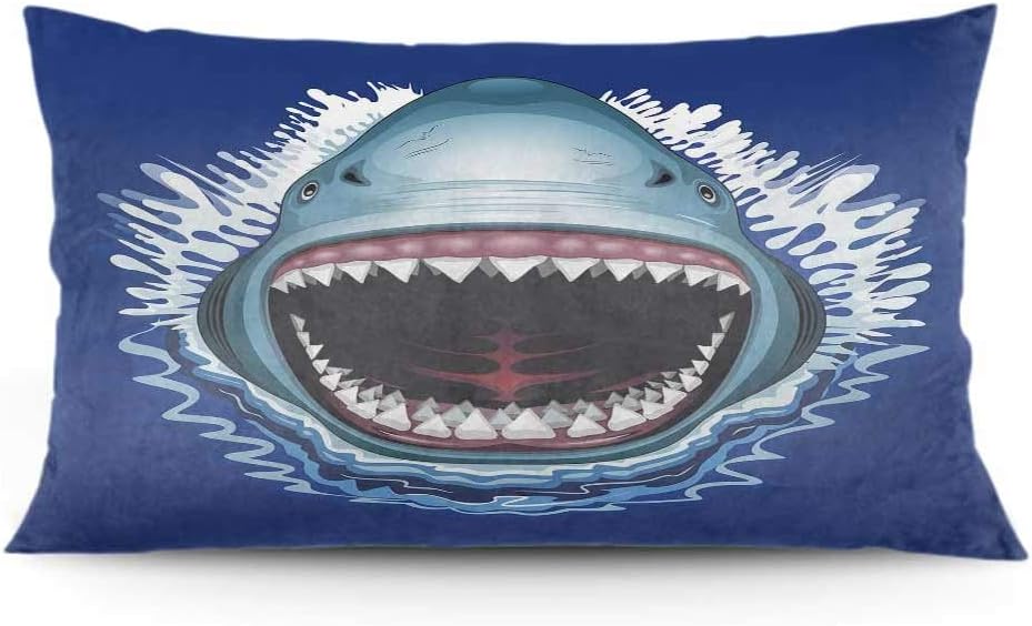 Shark Pillowcase Concealed Zipper Standard Size(20x26 inch) Attack of Open Mouth Sharp Teeth Sea Danger Wildlife Ocean Life Cartoon for Sofa Bedroom Car Royal Blue Teal