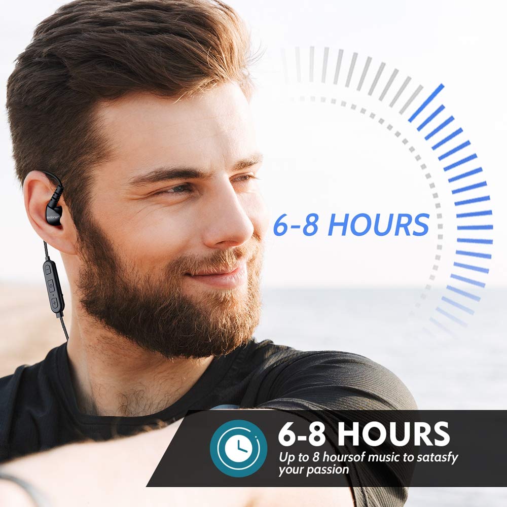 Wireless Earphones, Adorer B2 Sweatproof Bluetooth Heaphones for Sport, Running and Gym, 8 Hours Playtime, IPX4 Waterproof, Noise Isolating Earbuds (Black)