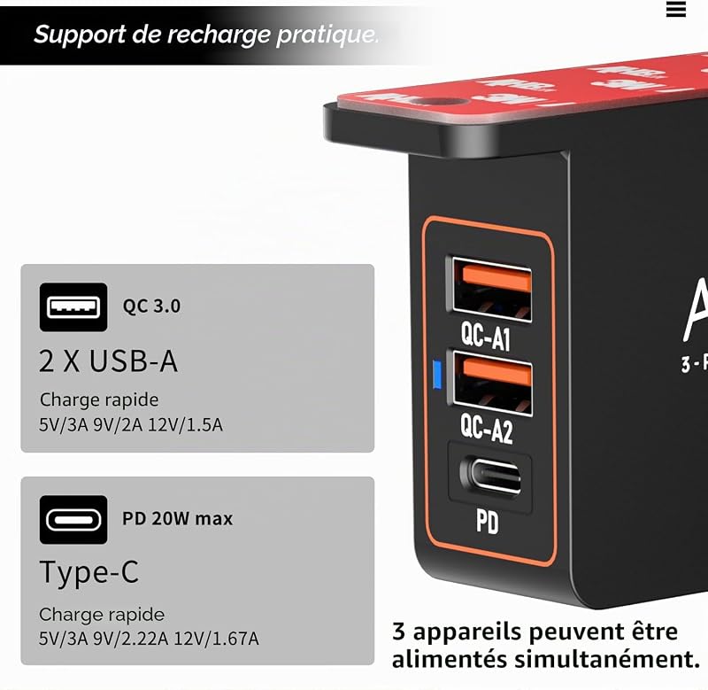 Support double pour casque intelligent et casque avec fonction de charge USB à 3 ports (20 W PD & QC3.0) pour sous le bureau, support autocollant pour casque de jeu