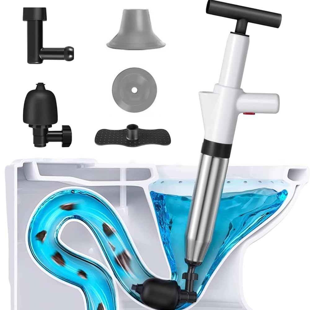 HaTur Toilet Plunger Set High Pressure Air Drain Blaster Gun Stainless Steel Clog Remover for Toilet Kitchen Bathroom Sewer