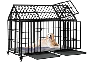 SNUOWU 54" Heavy Duty Dog Crate Large Dog cage Strong Metal Dog Kennels and Crates for Large Dogs Top Open with 2 Doors 4 Lockable Wheels 2 Removable Trays