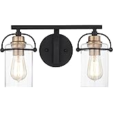 Quoizel Emerson Bath Vanity Lights,16 Inch 2-Light Matte Black Bathroom Lighting Fixtures Over Mirror, Clear Glass Shades, Tr