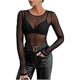 Milumia Women's Mesh Long Sleeve Top Sexy See Through Crew Neck Fitted Gong Out Tee Tops
