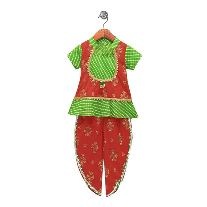 Peaches By Hopscotch Baby Girls Cotton Stripes Print Half Sleeves Kurti And Dhoti Set in Green Color