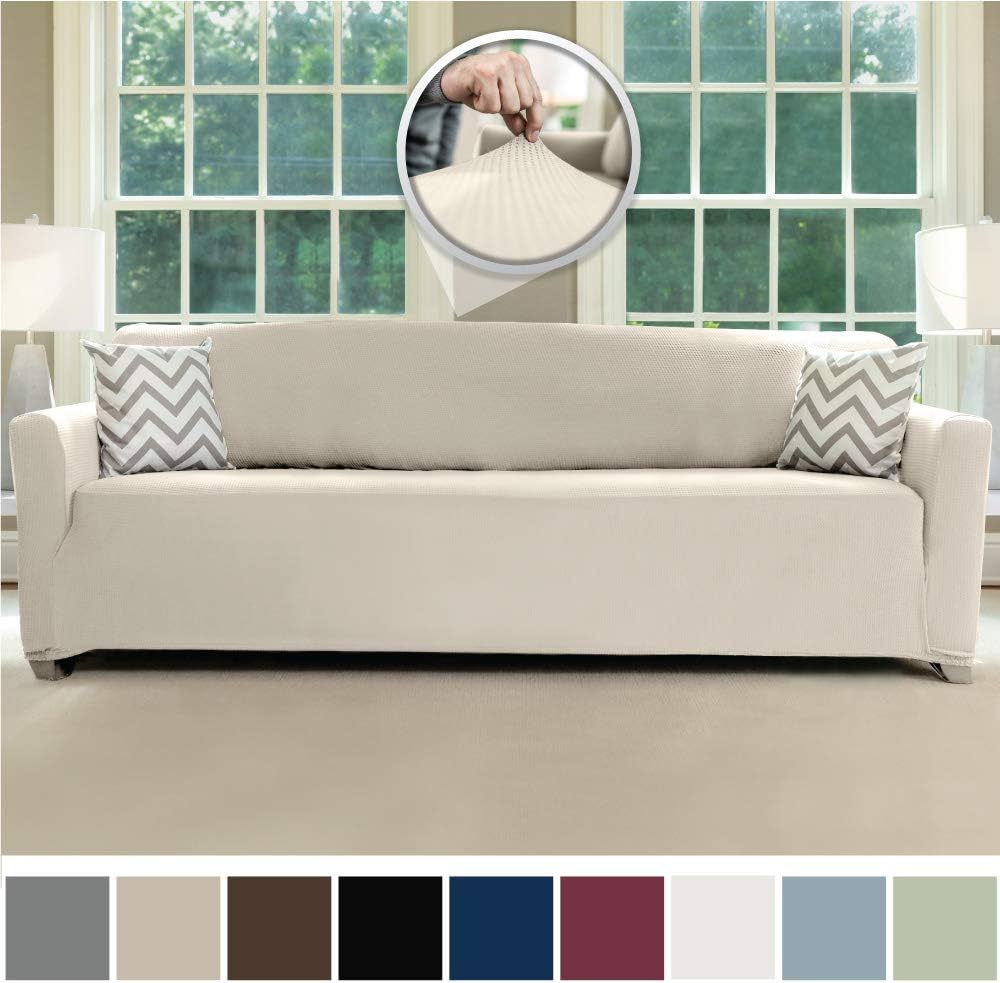 Sofa Shield Original Fitted 1 Piece X-Large Oversized Sofa Protector, Many Colors, Seat Width to 78 Inch, Stretch Furniture Slipcover, Fastener Straps, Spandex Couch Slip Cover Throw for Pets, Linen