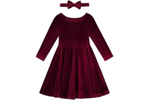URMAGIC Toddler Girl Fall Winter Clothes Velvet Long Sleeve Swing Twirl Skater Dress with Hairband Baby Christmas Outfit 2-7Y