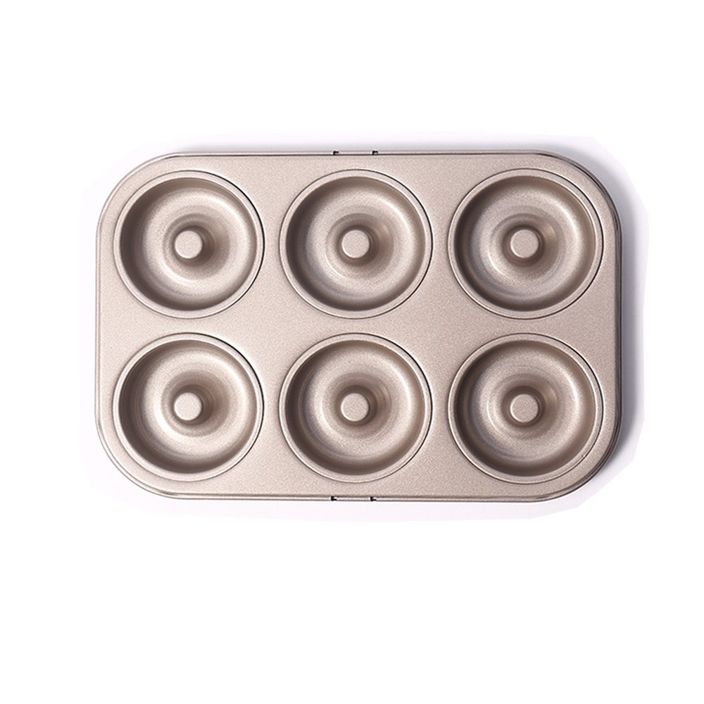 MZCH 6-Cavity Non-stick Donut Pan, Heavy-duty Carbon Steel Mini Donut Makers, FDA Approved, 11 by 7 inches, Round, Champagne Gold