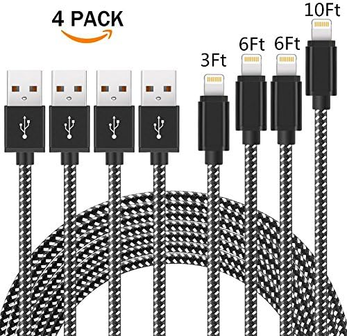 [4Pack] Lightning Cable, ADDAO [3FT 6FT 6FT 10FT] Charge Cable, Nylon Braided iPhone Lightning Cable to USB Charging and Syncing Cord Apple Charging for iPhone, iPad, iPod-White