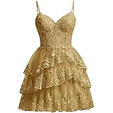 Wchecalino Sparkly Tiered Lace Tulle Homecoming Dresses Short 2026 Spaghetti Straps Formal Corset Party Gowns