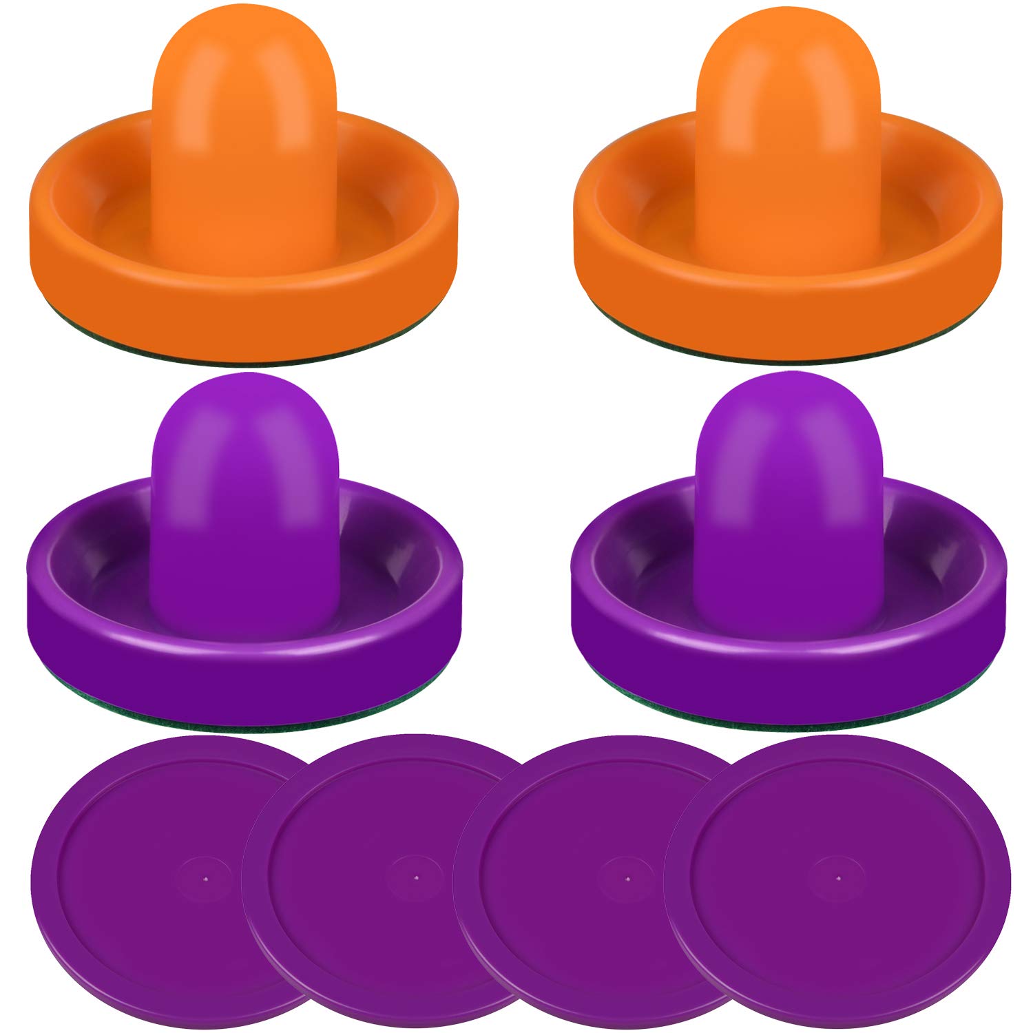 Air Hockey Pushers and Purple Air Hockey Pucks, Goal Handles Paddles Replacement Accessories for Game Tables (4 Striker, 4 Puck Pack) (Orange & Purple)