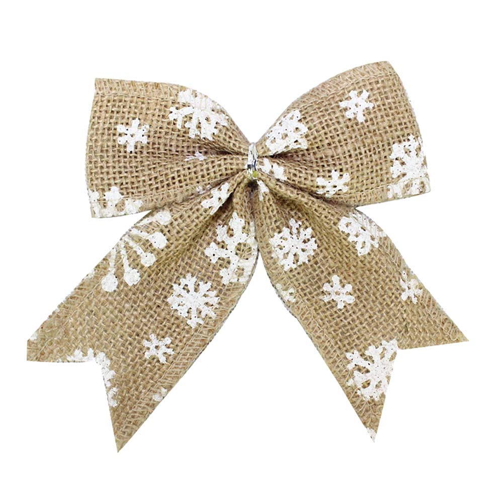 SUPVOX 10 Pcs Rustic Christmas Burlap Bows with Snowflake Design, Brown Jute Bow-Knots for Xmas Tree Decorations, Wrapping, Wreaths & Holiday Crafts