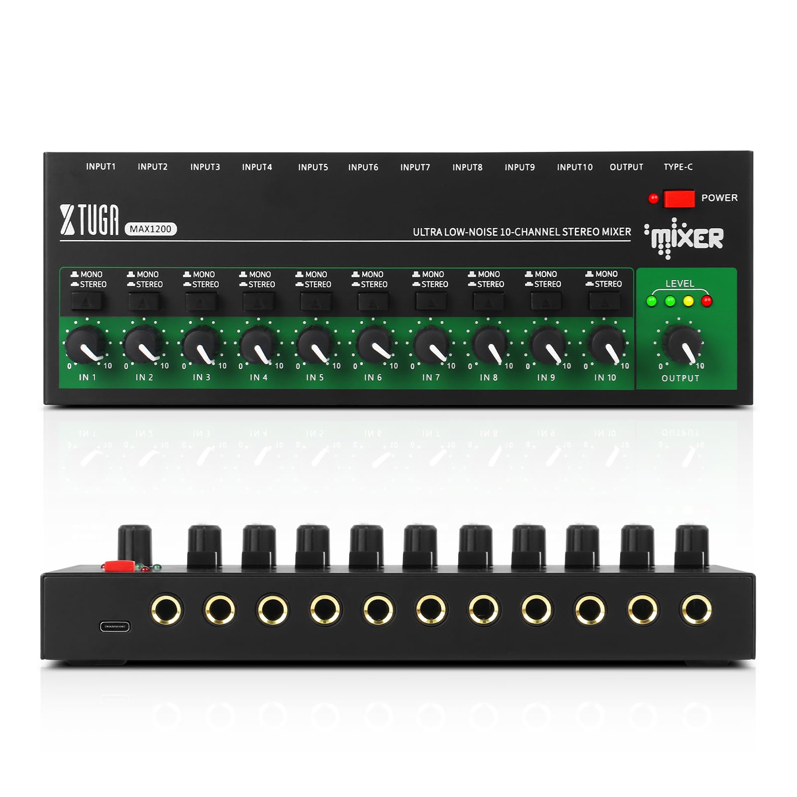 XTUGA 10 Channel Line Mixer, Stereo Mono Sound Mixing Board Low Noise 1/4" TRS Output and Input for Small Clubs, Bars, As Guitars, Bass, Keyboards, MAX1200