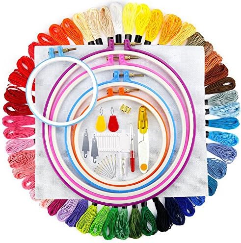 YTH 83 Pieces Full Range of Embroidery Starter Kit Including 50 Color Threads, 5 Pieces Plastic Embroidery Hoop, 1 Pieces Large Count Classic Reserve Aida, 2 Set Cross Stitch Tool Kit and Instructions