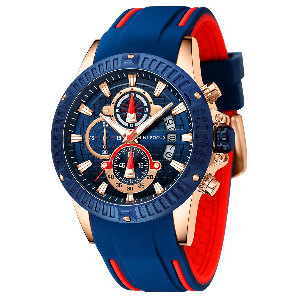 Mens Watches Military Sports Watch（Waterproof,Luminous,Multifunction,Calendar）Silicon Strap Watch for Men, Blue-Red,