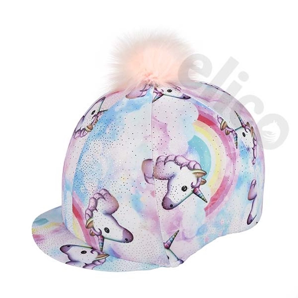 Elico Lycra Riding Hat Cover Fantasia Pastel Unicorn with Pom Pom