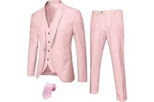 Hihawk Men's 3 Piece Suit with Stretch Fabric, Solid Slim Fit One Button Suit Blazer Set, Jacket Vest Pants with Tie.