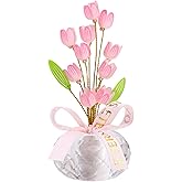 Crystal Flower Figurine - Handmade Mini Flower Decor with Crystal Base, Plastic Artificial Petals and Adjustable Wire, Cute Floral Ornament for Home/Office/Car, Ideal Gift for Women(Pink Tulips)