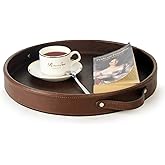 HofferRuffer Top Nocth PU Leather Round Serving Tray, Decorative Serving Tray with Handles, Coffee Tray, Ottoman Tray for Home Or Office, Diameter 14.6-inch, Brown