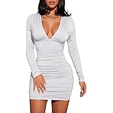 Women's Sexy Deep V Neck Long Sleeve Ruched Bodycon Mini Dress for Women Party Club Night Dresses