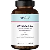 Vitamin World Triple Omega 3-6-9 3600mg with Fish, Flaxseed & Borage Seed Oils, Omega-3 Fatty Acids with EPA & DHA, Supports Heart, Brain & Immune Health, Gluten Free, 240 Softgels
