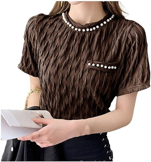 Ladies Summer Brown Clothes ShortSleeved Shirt Blouses Basic Casual