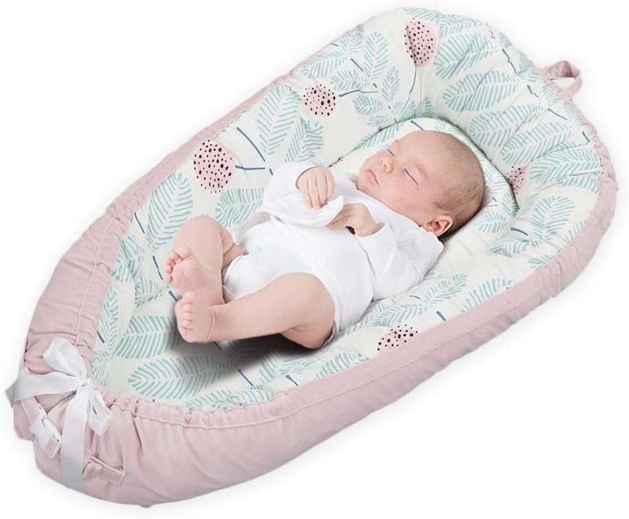 Detachable Double-Sided Newborn Lounger, Puzzlos Portable Soft Breathable Baby Snuggle Nest, Removable Cover Baby Bionic Bed for Infants Toddlers - 100% Cotton & Suede Crib Mattress for Bedroom Travel