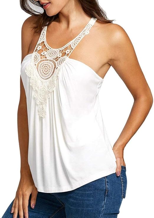 Damen Tanktop Mit Spitze - Baumwolle V-Ausschnitt Ärmelloses Top