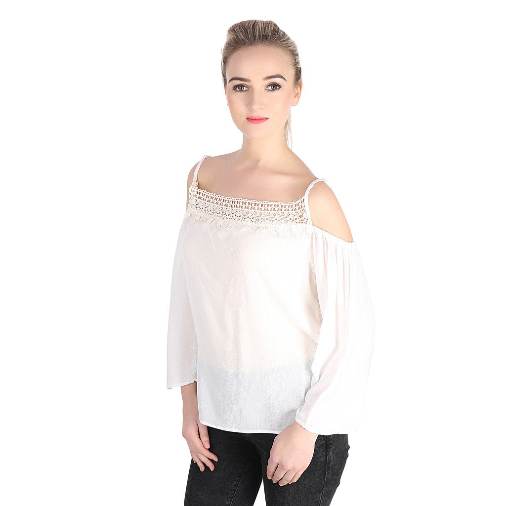 papsara white rayon cold shoulder women top