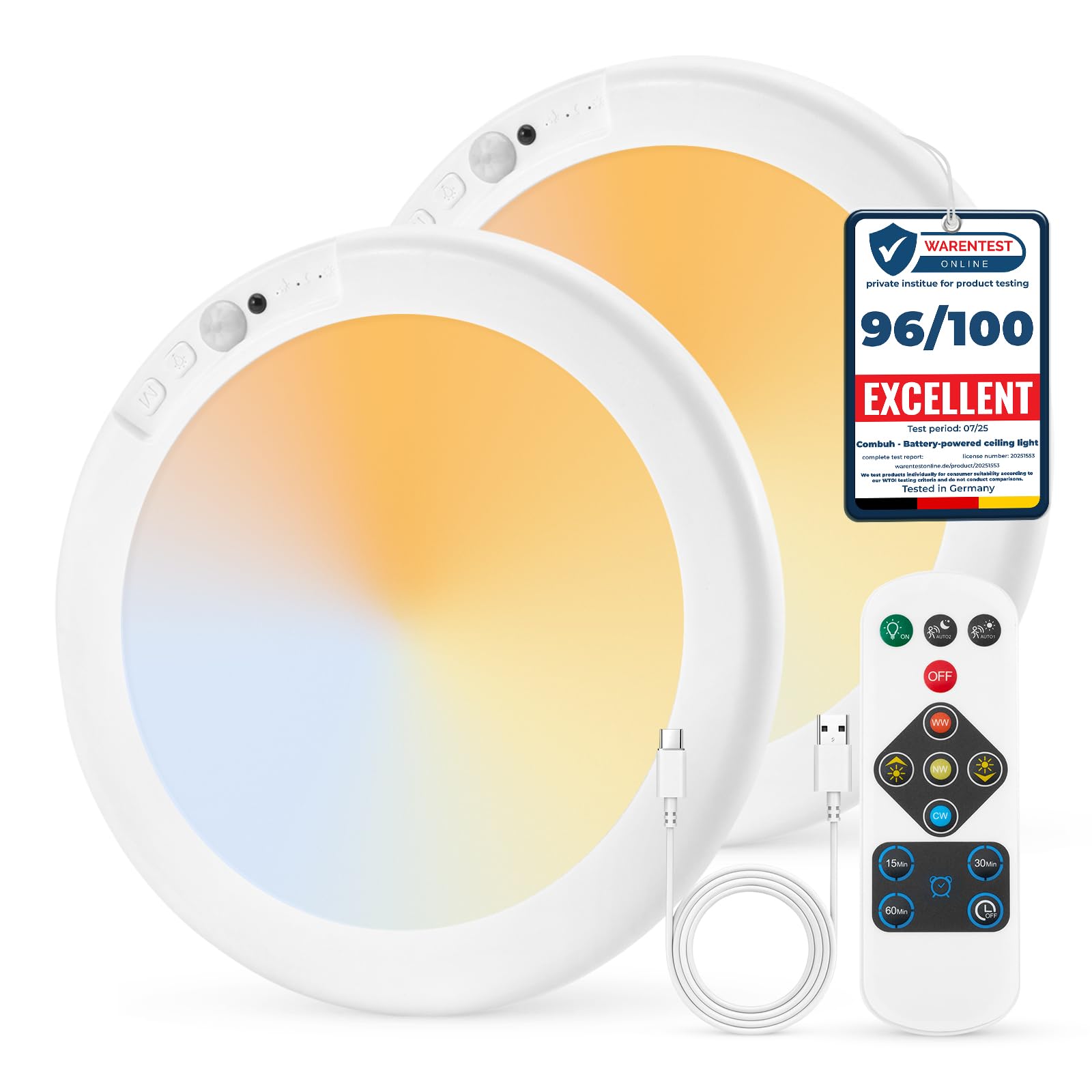 Photo 1 of Combuh 2Pack Rechargeable Closet Lights Motion Sensored, Battery Powered Shower Lamp with Remote, Dimming Timing Cordless Ceiling Light Fixture for Pantry Laundry Bathroom Hallway, 7.48Inch, Round