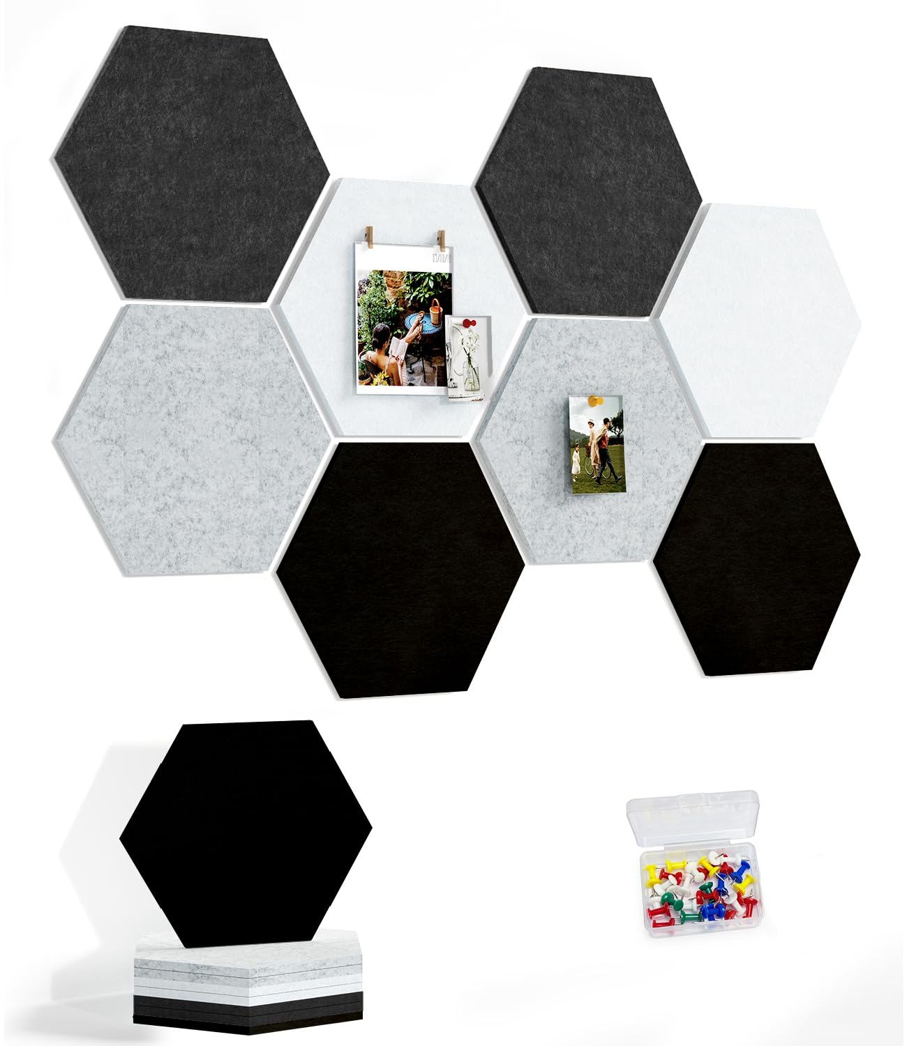 Uoisaiko 30cm Large Felt Hexagon Bulletin Board with 30 Push Pins, Pack of 8 Notice Boards for Home Office Kitchen, Wall Tiles for Photos Memos