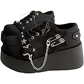NEJKG Women's Denim Low Top Wedge Gothic Ankle Boots Fashion Chain Round Toe Lace Up Platform Ankle Boots Rave Party Prom Punk Boots