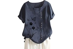 JEGULV Women Cotton Linen Tshirt Tops Casual Loose Fit Trendy Floral Printed Tunic Tees Short Sleeve Plus Size Button Blouses