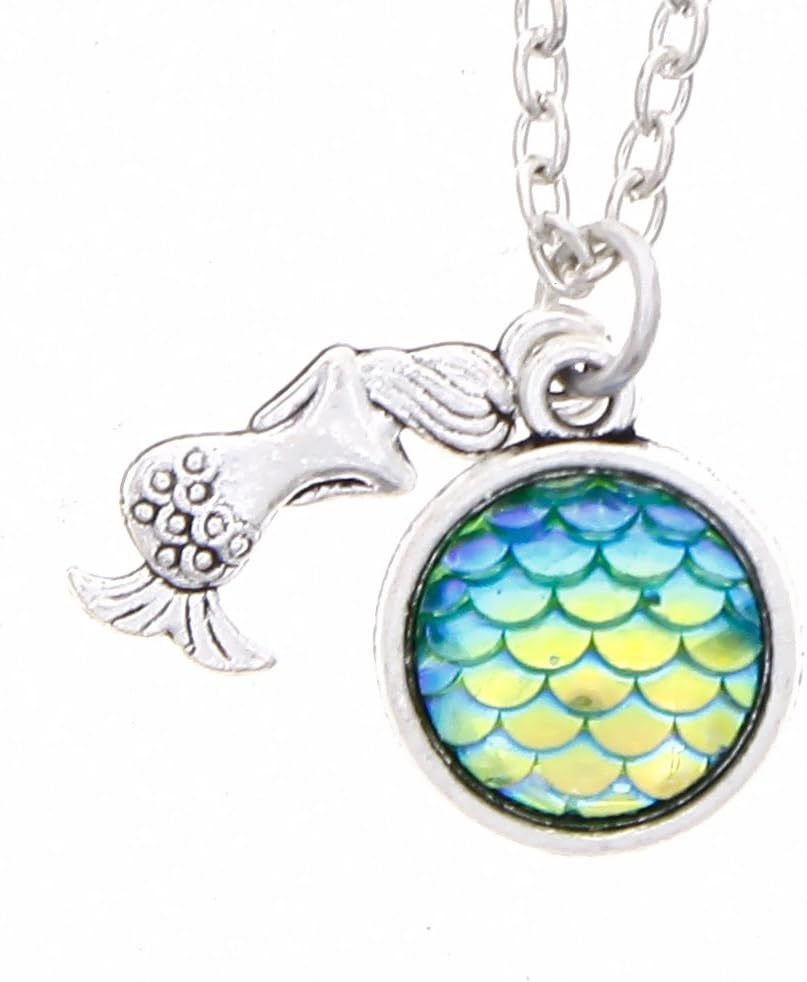 Indexu Mermaid Fish Scales Pendant Rainbow Holographic Sequins Charm Necklace Chain