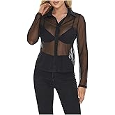 GORGLITTER Women's Sheer See Through Tops Blouse Shirt Long Sleeve Collar Fall Blouses 2024