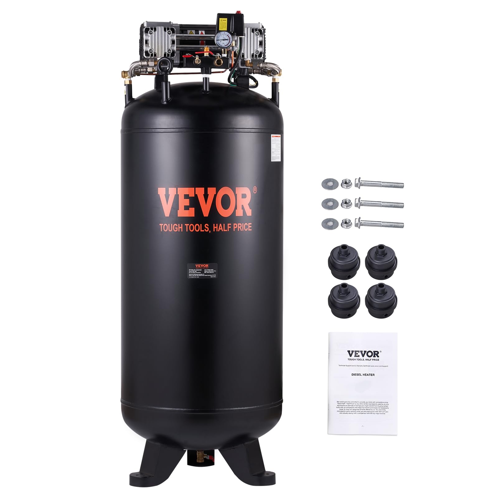 Photo 1 of VEVOR 80 Gallons Air Compressor, 6.5HP 15.5SCFM@90 PSI Oil-Free Air Compressor Tank with 145PSI Max Pressure, 86dB Quiet Air Tank for Industrial Manufacturing, Air Brushing, Spraying (3-Phase Power)