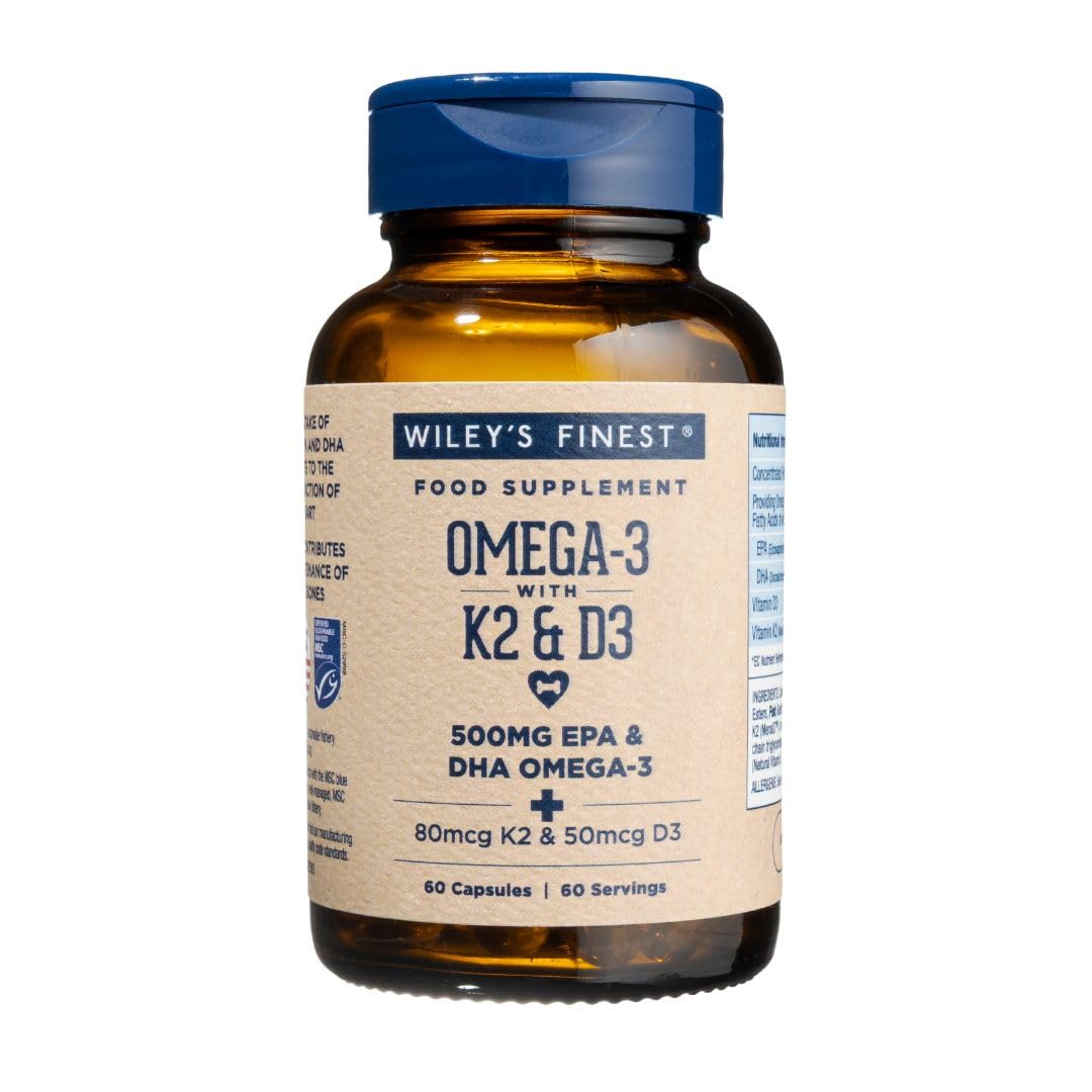 Wiley's Finest Wild Alaskan Fish Oil Vitamin K2 Softgels - 500mg of EPA and DHA Omega-3s for Bone and Heart Health Support - 60 Softgels (60 Servings)