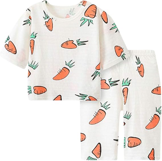 Amazon Co Jp Plus Nao プラスナオ パジャマ 空調部屋着 子供用 パジャマ ルームウエア 上下セット 半袖 半ズボン 通気性 お泊りパジャマ 薄手 イラスト E にんじん 130 服 ファッション小物