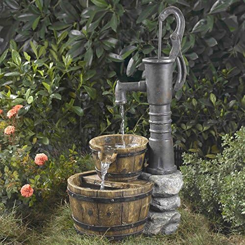 Beautiful Rustic Large Garden Deck Patio Water Pump Buckets Outdoor Fountain- Looks Like Old Hand Pump- Ornate Rustic Realistic Perfect Conversation Piece With Electric Powered Cascading Water Fall