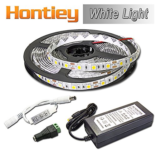 Hontiey 5M / 16.4 Ft Led Strip SMD 5050 Waterproof 300 LEDs Warm White Kit + DC Connector + Mini Controller + Power Supply