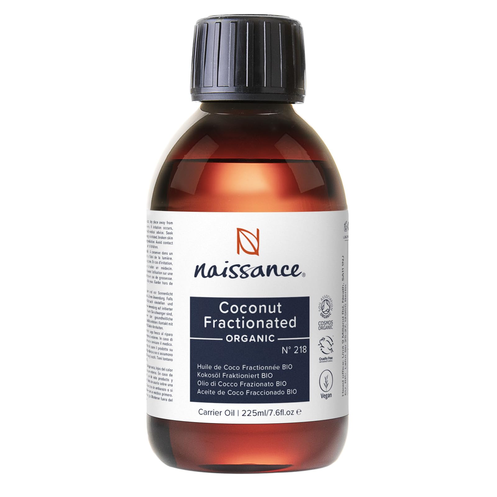 Naissance Organic Liquid Fractionated Coconut Oil (No. 218) - 225ml - MCT Oil for Skin, Hair, Lip Gloss, DIY Beauty, Aromatherapy, Massage, Cuticules